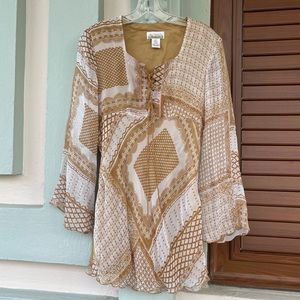 Vintage New York City Design Co. Groovy Long Bell Sleeve Silky Dress Tan White